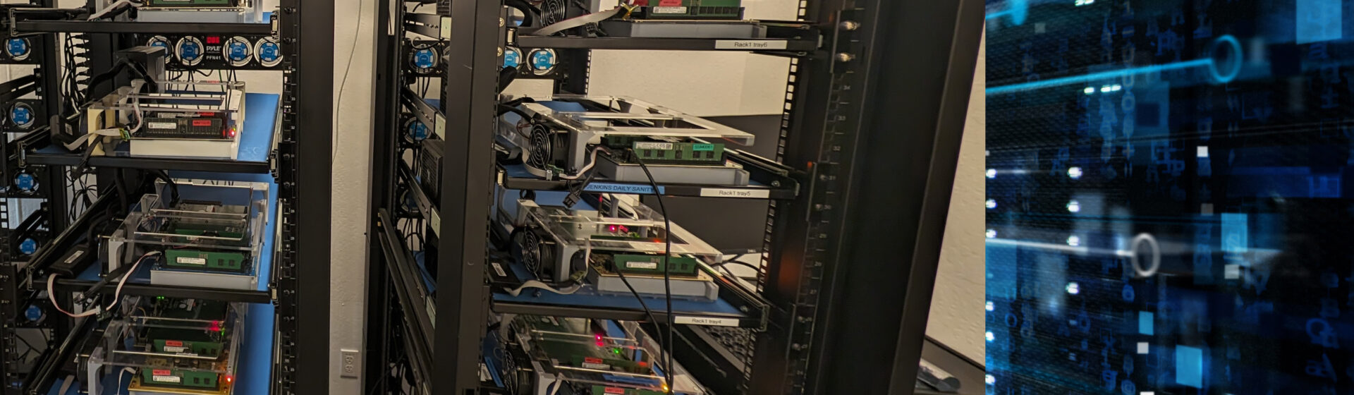 A series of open computer servers in a data center rack, with network cables connected and an abstract digital design on the right.