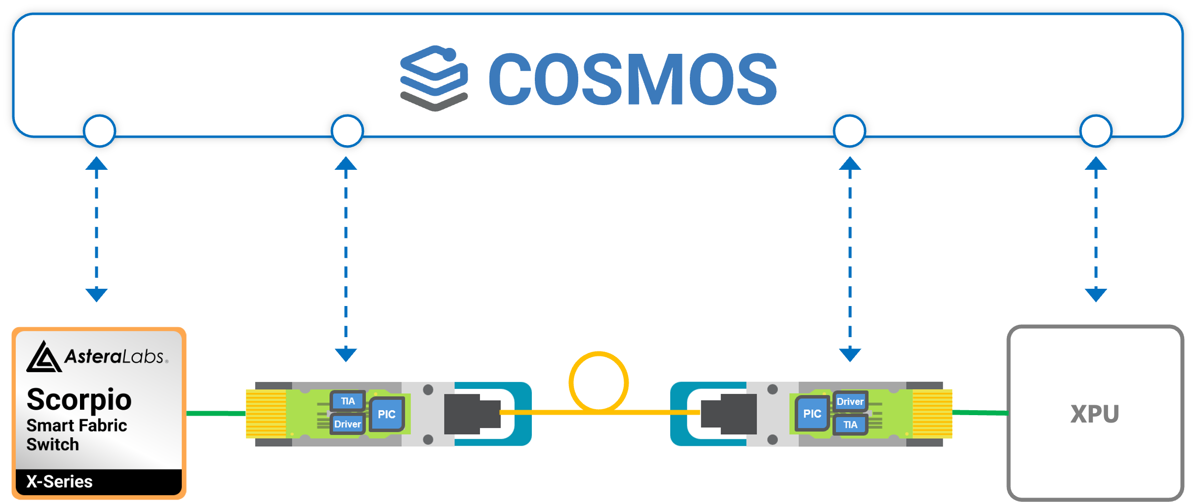 Diagram of linear pluggable optic (LPO) connection between a Scorpio X-Series Smart Fabric Switch and an XPU, orchestrated by COSMOS telemetry software.