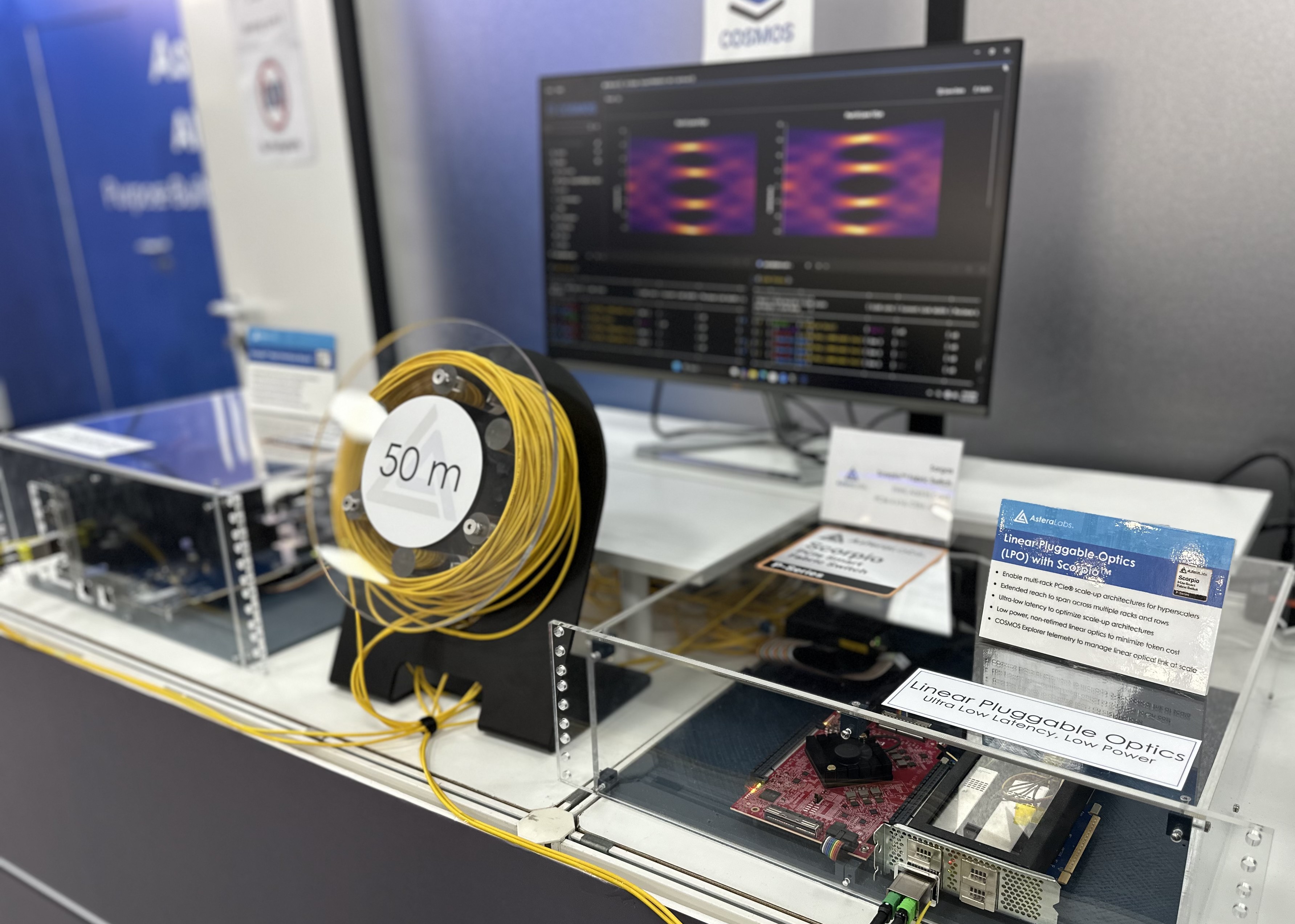 Demo showing 50 meters of optical cable connected to Scorpio smart fabric switches with LPO.